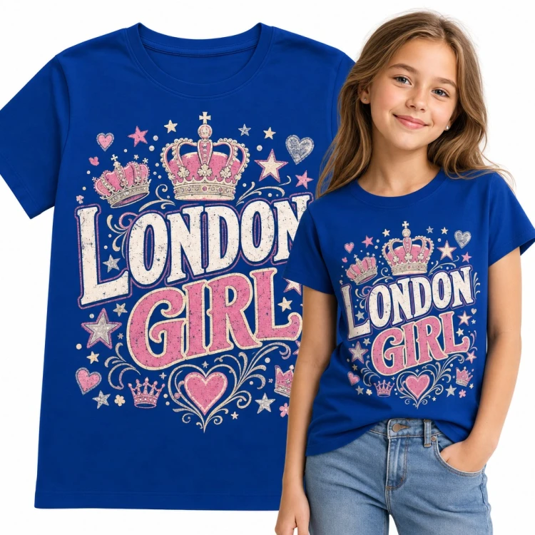 Koszulka dziewczęca „London Girl” z królewskimi koronami i sercami