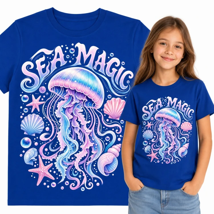 Koszulka dziewczęca „Sea Magic” - pastelowa meduza wśród muszli i rozgwiazd
