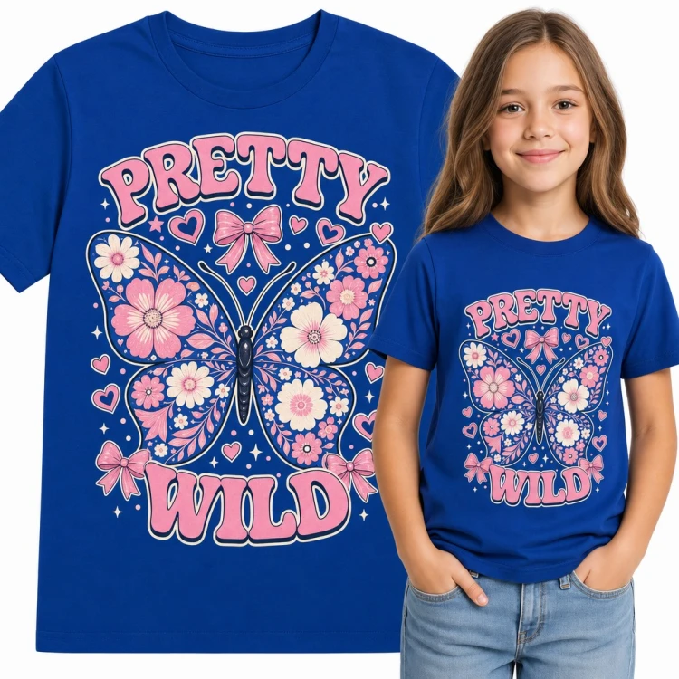 Koszulka dziewczęca „Pretty wild” - motyl z kwiatów i kokardek