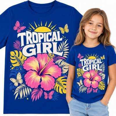 Koszulka dziewczęca „Tropical girl” - różowy hibiskus, motyle i liście monstery