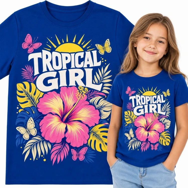Koszulka dziewczęca „Tropical girl” - różowy hibiskus, motyle i liście monstery