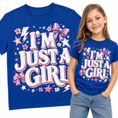 Koszulka dziewczęca „I'm just a girl” - różowe kokardy i gwiazdki