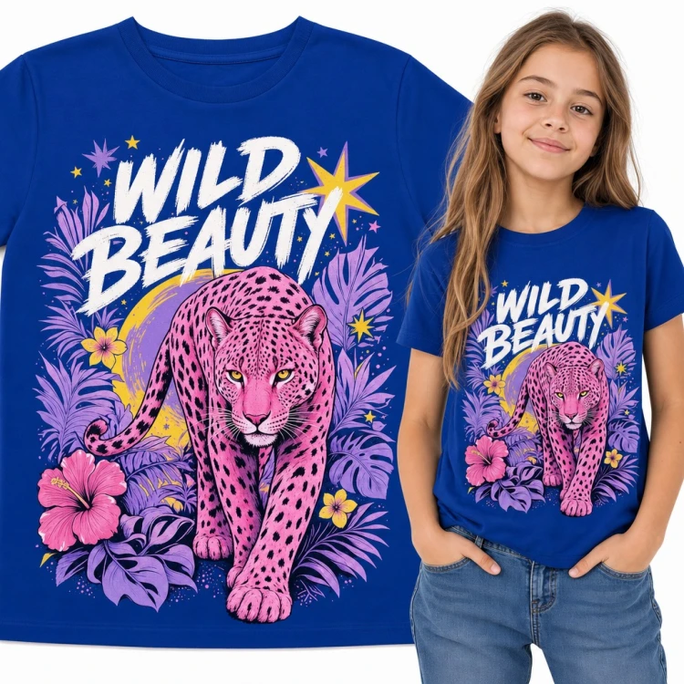 Koszulka dziewczęca „Wild beauty” - różowy lampart w tropikalnej dżungli