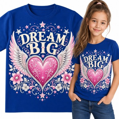 Koszulka dziewczęca „Dream big” - różowe serce z anielskimi skrzydłami
