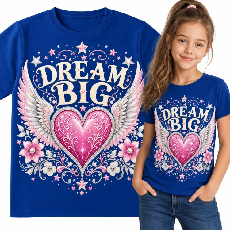 Koszulka dziewczęca „Dream big” - różowe serce z anielskimi skrzydłami