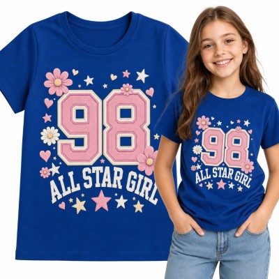 Koszulka dziewczęca „All Star Girl” - numer 98 w stylu varsity z kwiatami i gwiazdkami