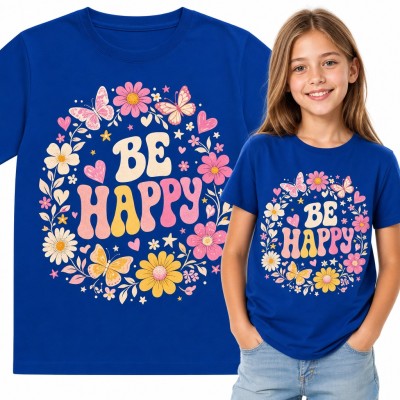 Koszulka dziewczęca „Be happy” - wianek z kwiatów i motyli w stylu groovy