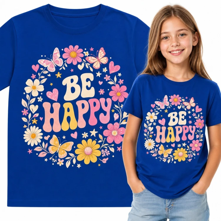 Koszulka dziewczęca „Be happy” - wianek z kwiatów i motyli w stylu groovy