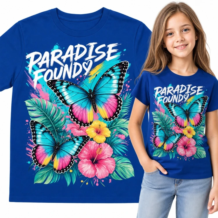 Koszulka dziewczęca „Paradise found” - motyle i tropikalne hibiskusy