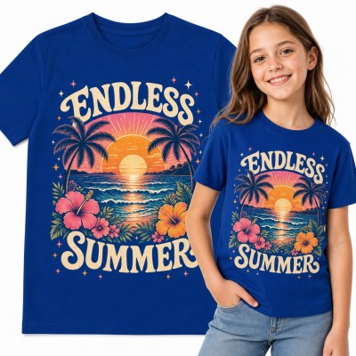 Koszulka dziewczęca „Endless summer” - zachód słońca, palmy i hibiskusy