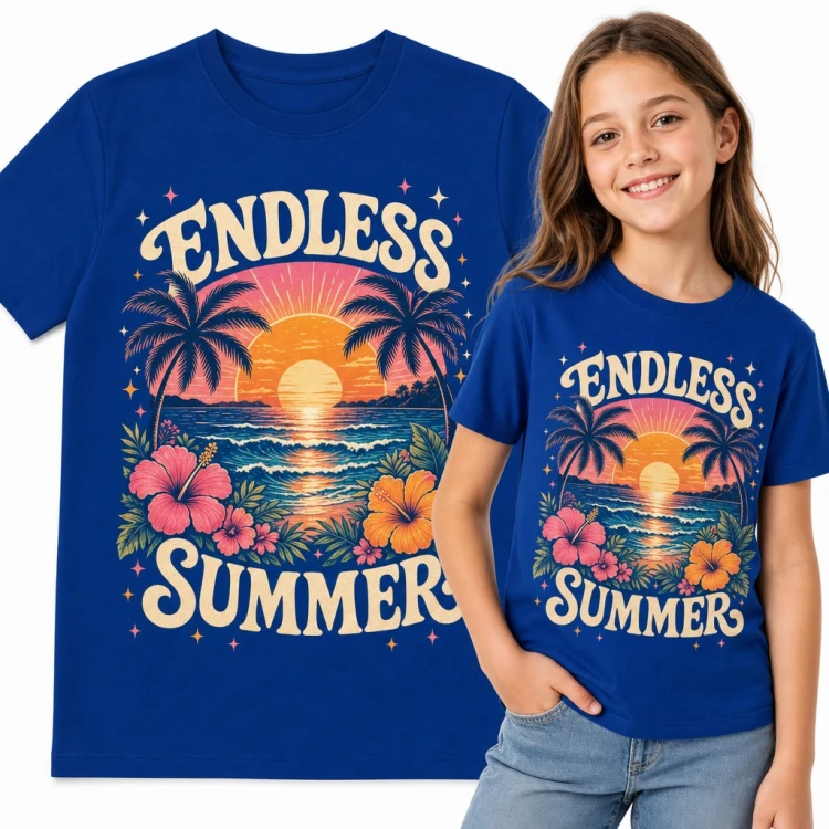 Koszulka dziewczęca „Endless summer” - zachód słońca, palmy i hibiskusy