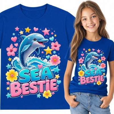 Koszulka dziewczęca z delfinem „Sea Bestie” - kwiaty hibiskusa i serduszka