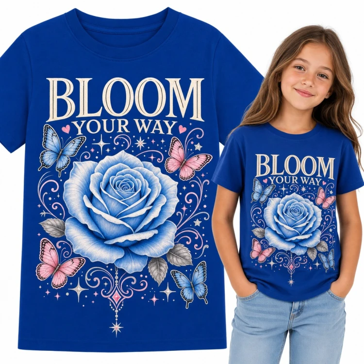 Koszulka dziewczęca z niebieską różą i motylami „Bloom your way”