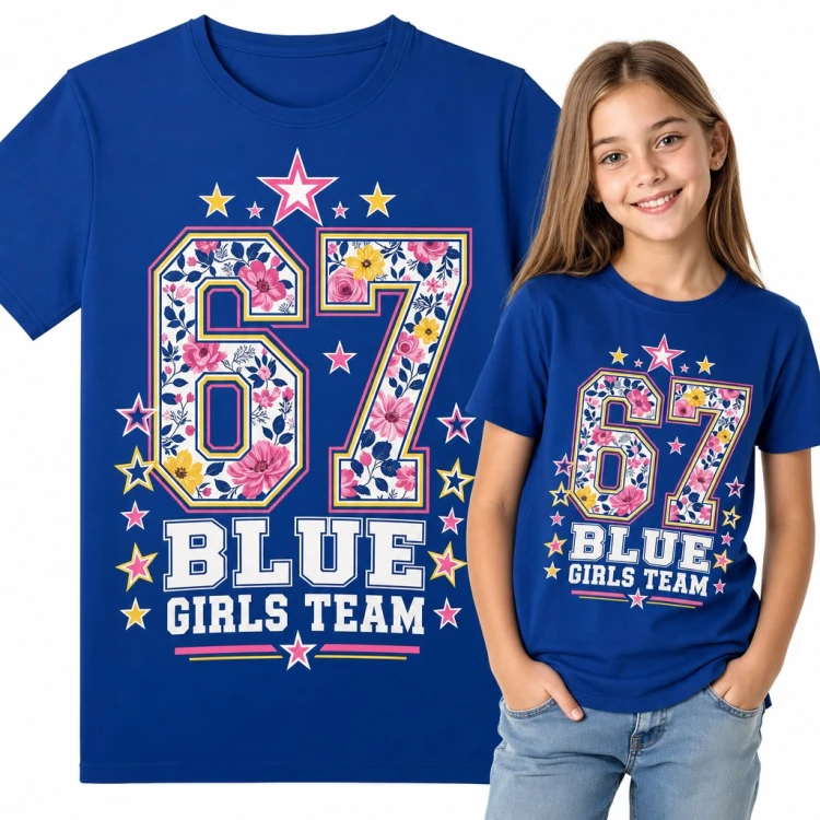 Koszulka dziewczęca „67 Blue Girls Team” - mem Six Seven w kwiaty i gwiazdki