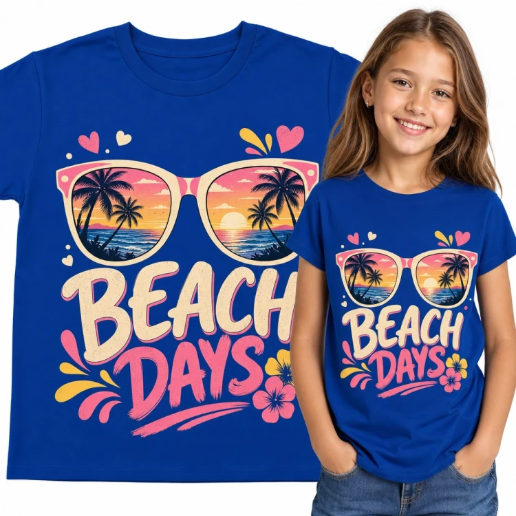 Koszulka dziewczęca „Beach days” - okulary z palmami i zachodem słońca