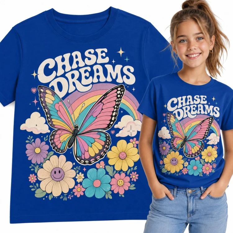 Koszulka dziewczęca z motylem i tęczą „Chase dreams” - uśmiechnięte kwiaty retro