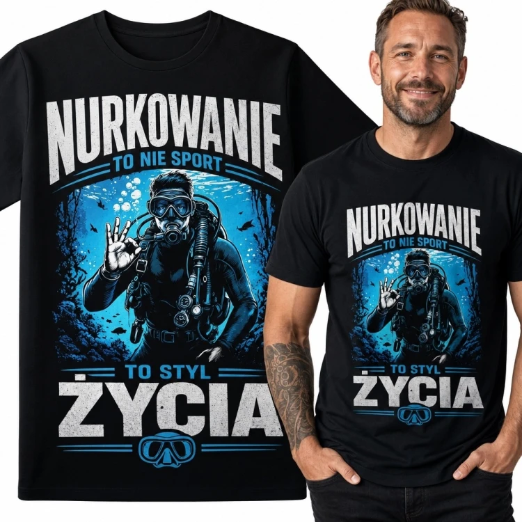 Koszulka męska z płetwonurkiem „Nurkowanie to nie sport, to styl życia” - dla nurka