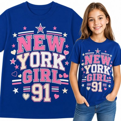 Koszulka dziewczęca „New York Girl 91” - styl college z serduszkami i gwiazdkami