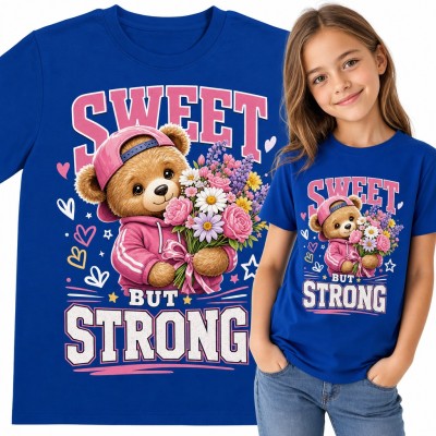 Koszulka dziewczęca „Sweet but strong” - miś z bukietem kwiatów