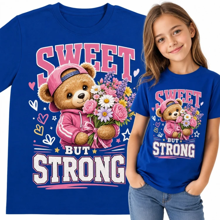 Koszulka dziewczęca „Sweet but strong” - miś z bukietem kwiatów
