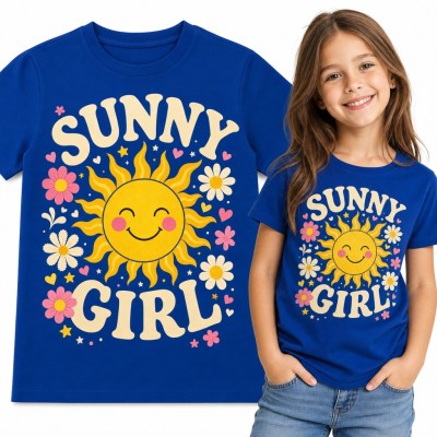 Koszulka dziewczęca „Sunny girl” z uśmiechniętym słońcem i stokrotkami