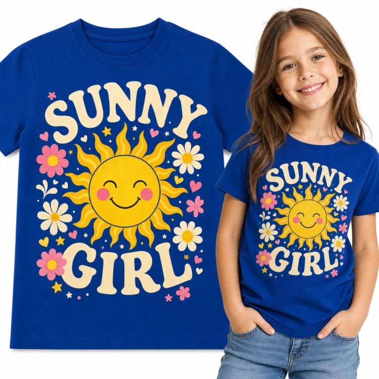 Koszulka dziewczęca „Sunny girl” z uśmiechniętym słońcem i stokrotkami