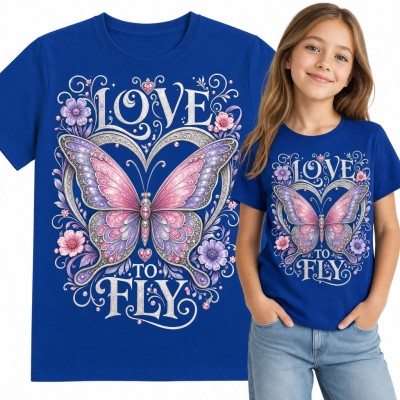 Koszulka dziewczęca z motylem i sercem „Love to fly” - kwiaty i klejnoty