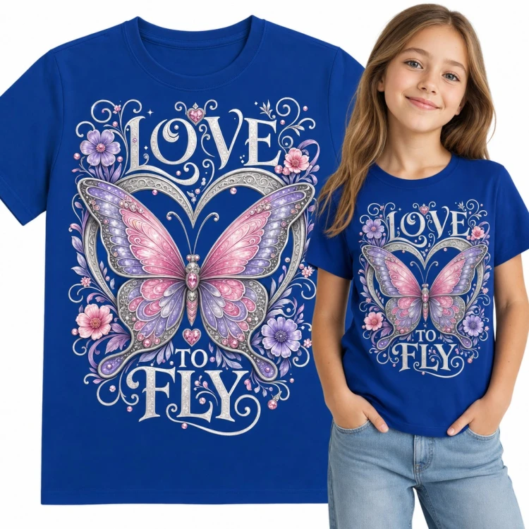 Koszulka dziewczęca z motylem i sercem „Love to fly” - kwiaty i klejnoty