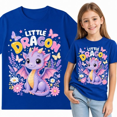 Koszulka dziewczęca „Little Dragon” - fioletowy smoczek wśród kwiatów i motyli