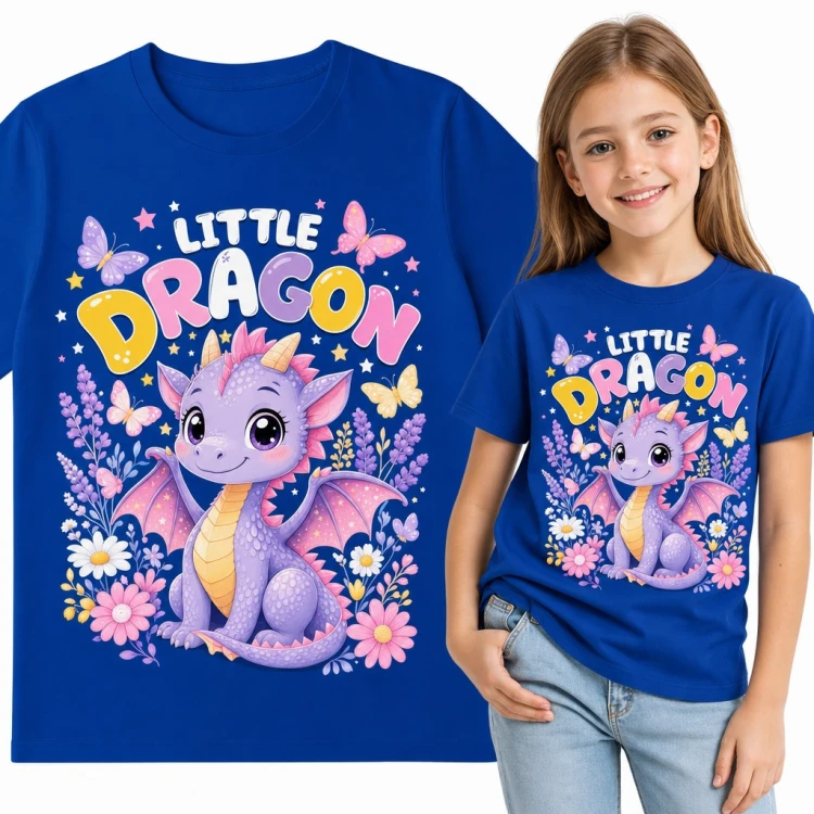 Koszulka dziewczęca „Little Dragon” - fioletowy smoczek wśród kwiatów i motyli
