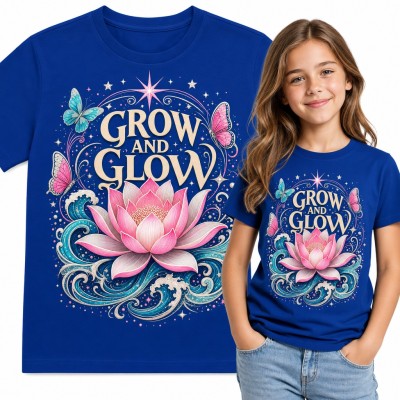 Koszulka dziewczęca „Grow and Glow” - różowy lotos na falach z motylami