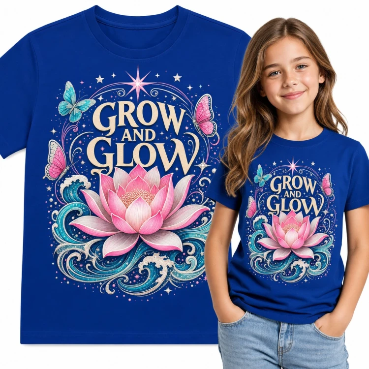 Koszulka dziewczęca „Grow and Glow” - różowy lotos na falach z motylami