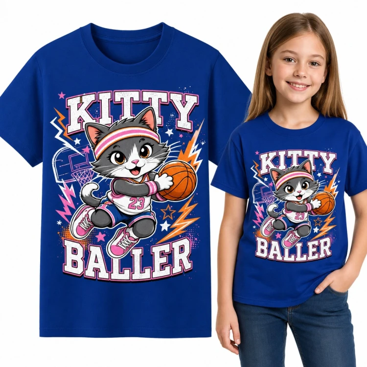 Koszulka dziewczęca z kotkiem koszykarzem „Kitty Baller” - dla małej koszykarki