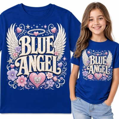 Koszulka dziewczęca „Blue Angel” - anielskie skrzydła, aureola i różowe serca