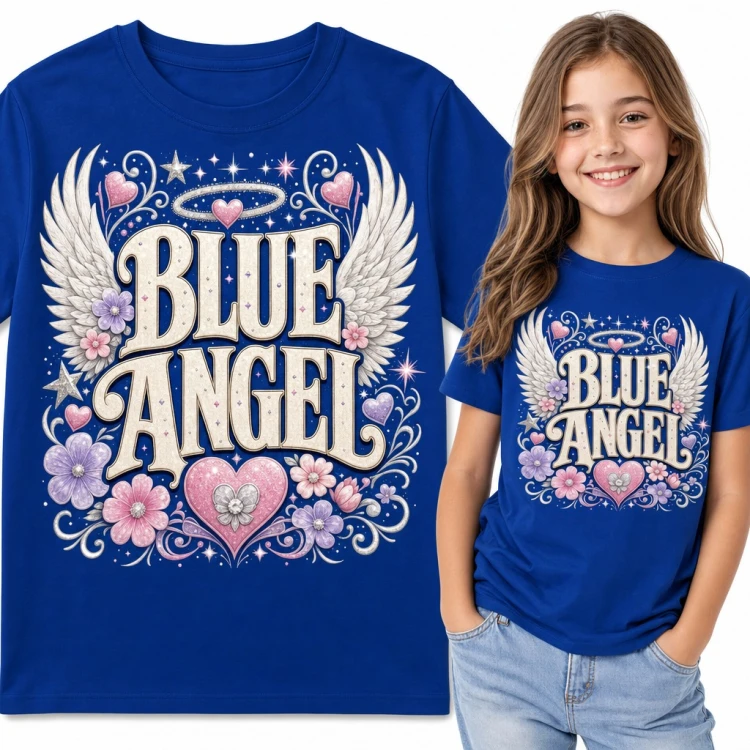 Koszulka dziewczęca „Blue Angel” - anielskie skrzydła, aureola i różowe serca