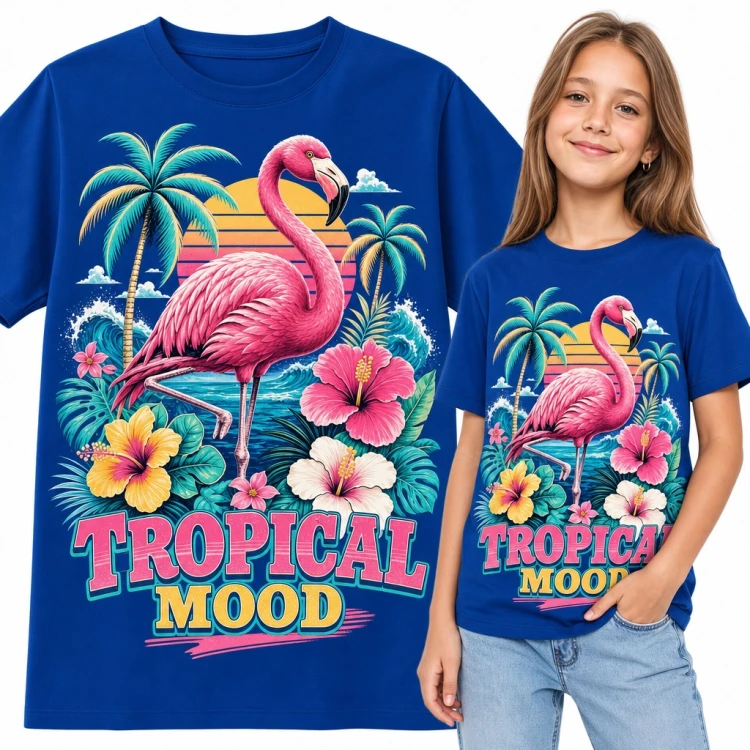 Koszulka dziewczęca z flamingiem i palmami „Tropical mood”
