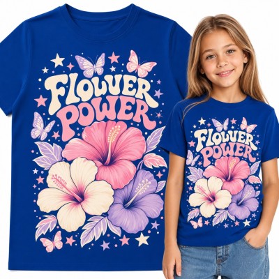 Koszulka dziewczęca „Flower power” - różowe i fioletowe hibiskusy z motylami