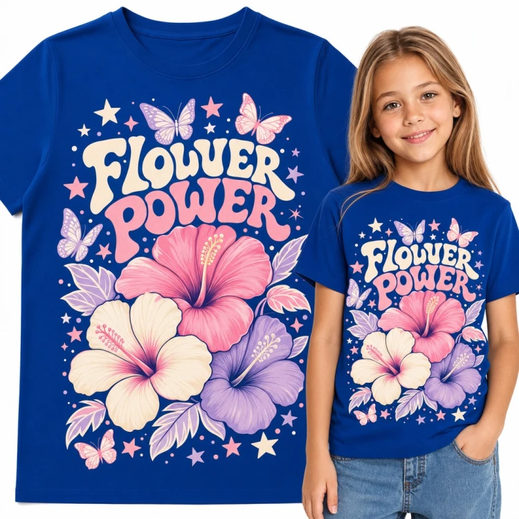 Koszulka dziewczęca „Flower power” - różowe i fioletowe hibiskusy z motylami