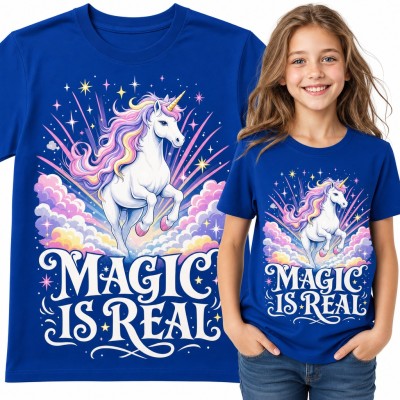 Koszulka dziewczęca z jednorożcem „Magic is real” - galop wśród pastelowych chmur