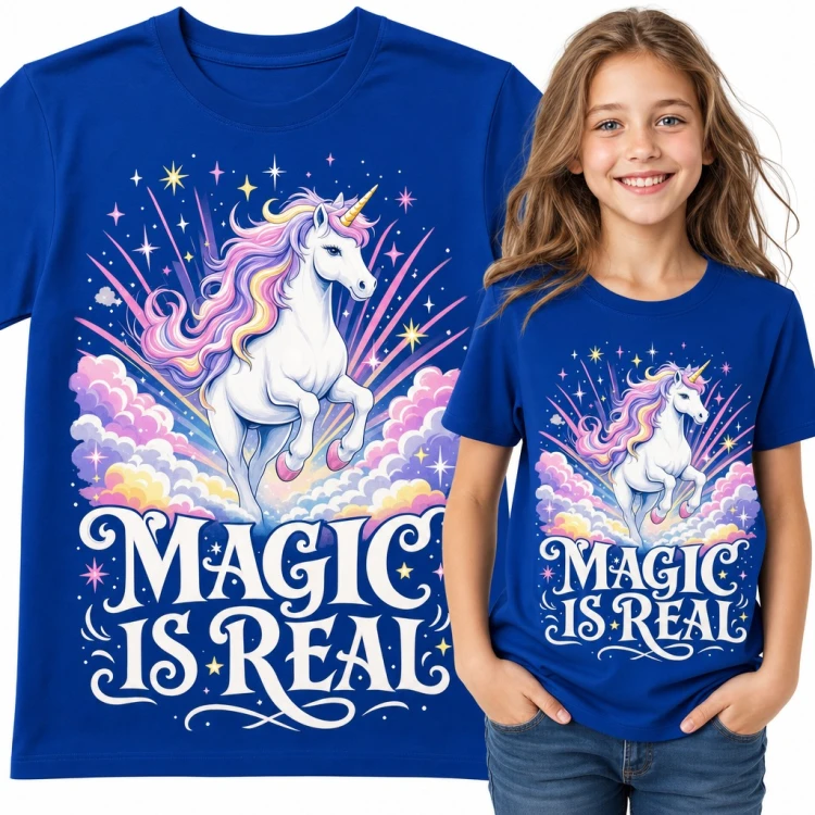 Koszulka dziewczęca z jednorożcem „Magic is real” - galop wśród pastelowych chmur