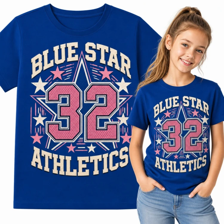 Koszulka dziewczęca „Blue Star 32 Athletics” - sportowy wzór college z różowym numerem i gwiazdami