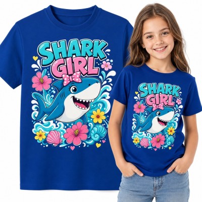 Koszulka dziewczęca z rekinem w kokardce „Shark Girl” - morskie fale i hibiskusy