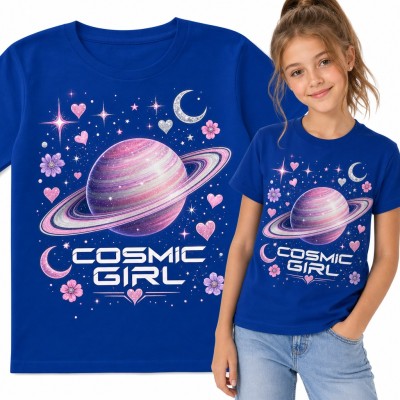 Koszulka dziewczęca „Cosmic Girl” - różowa planeta z pierścieniami, gwiazdy i serduszka
