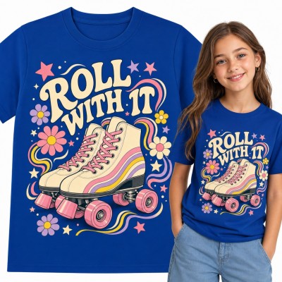 Koszulka dziewczęca „Roll with it” - retro wrotki w kwiatach i gwiazdkach