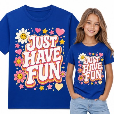 Koszulka dziewczęca „Just have fun” - groovy kwiatki z buźkami