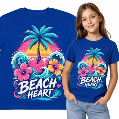 Koszulka dziewczęca „Beach Heart” z palmą, falami i hibiskusem