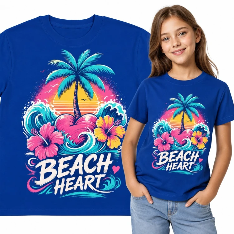 Koszulka dziewczęca „Beach Heart” z palmą, falami i hibiskusem