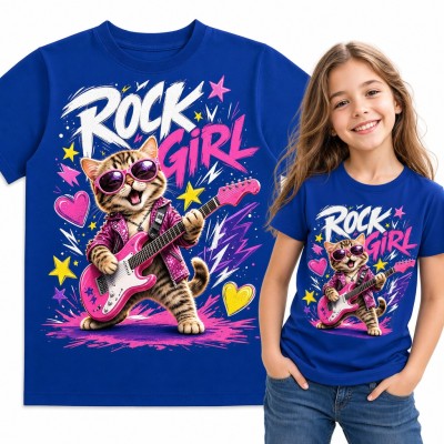 Koszulka dziewczęca „Rock girl” - kot z różową gitarą elektryczną