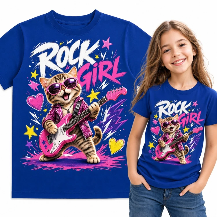 Koszulka dziewczęca „Rock girl” - kot z różową gitarą elektryczną