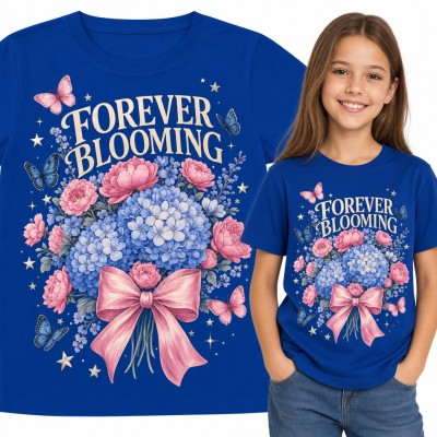 Koszulka dziewczęca „Forever blooming” - bukiet hortensji i piwonii z kokardą